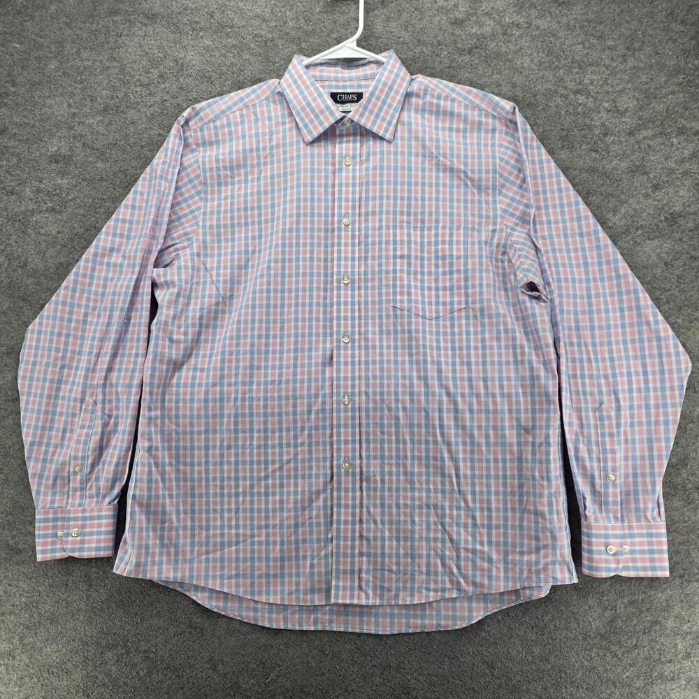 Chaps Dress Shirt Mens 17.5 Pink Plaid Regular Fit Point Collar Non-Iron